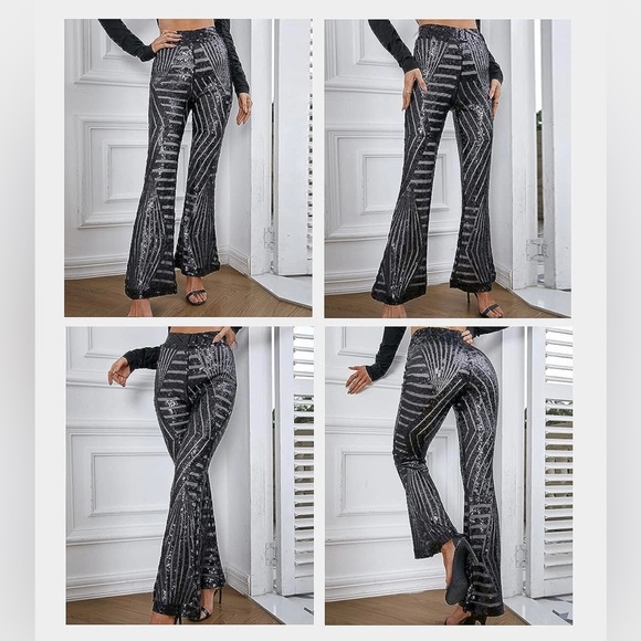 Sequin Pants for Women • High-Waist Bell Bottoms • Wide Leg • Palazzo • Flared - Picture 3 of 6